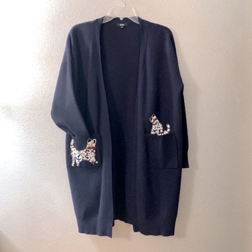 MsSHE open cardigan with sequined doggies in pockets Navy blue oversized
